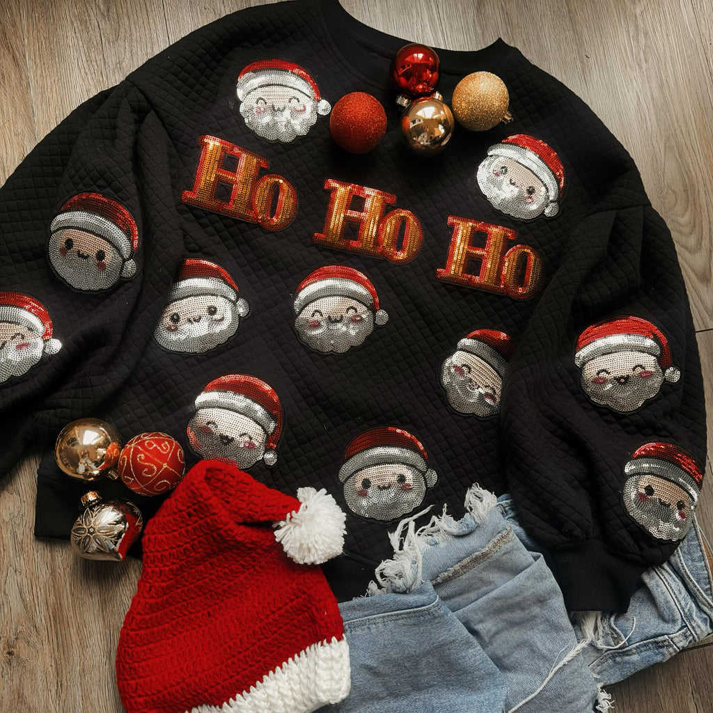 Happy Santa Sequin Quilt Pocket Balloon Sleeve Sweatshirt