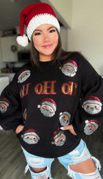 Happy Santa Sequin Quilt Pocket Balloon Sleeve Sweatshirt