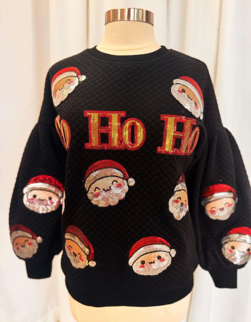 Happy Santa Sequin Quilt Pocket Balloon Sleeve Sweatshirt