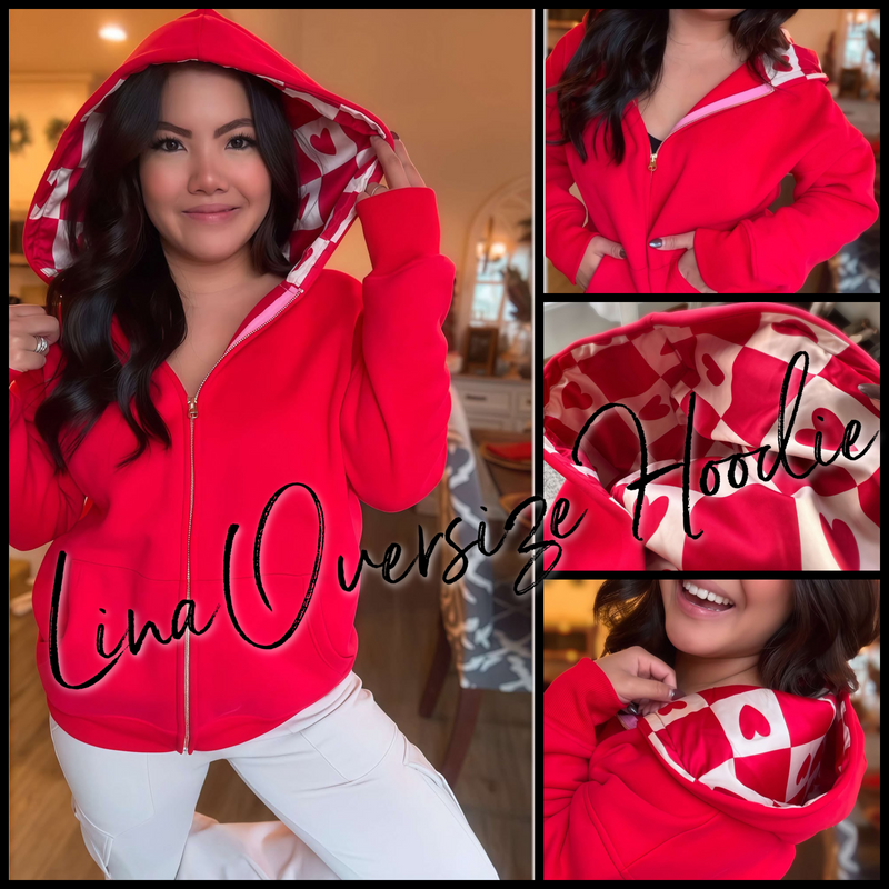 Lina Oversize Checker Heart Silk Rose Gold Full Zip Hoodie